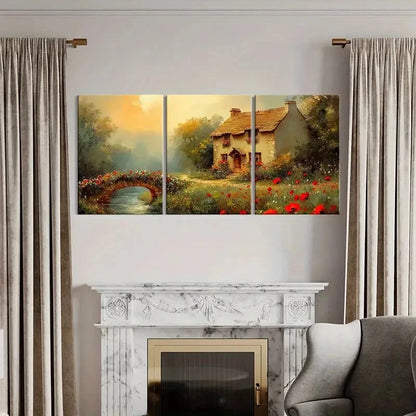 3pcs Rustic Cottage Bridge River Flowers Metal Print Ready to Hang Art