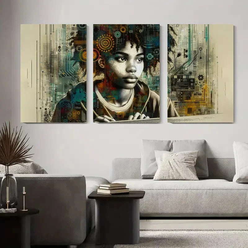 3pcs Futuristic Cyber Tech Girl Abstract Metal Print Ready to Hang Art