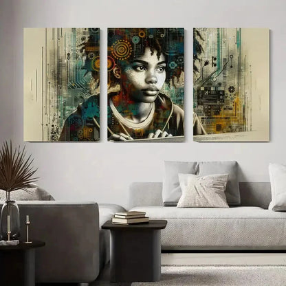 3pcs Futuristic Cyber Tech Girl Abstract Metal Print Ready to Hang Art