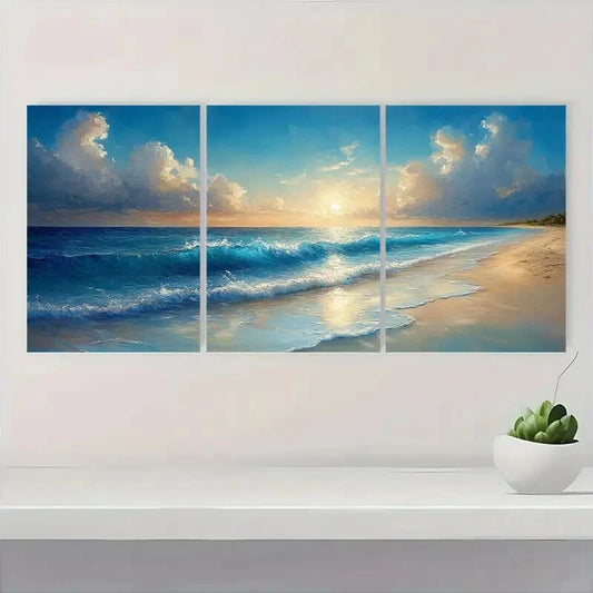 3pcs Serene Sunset & Wave Scenery Oil Painting Metal Print Ready to Hang Art