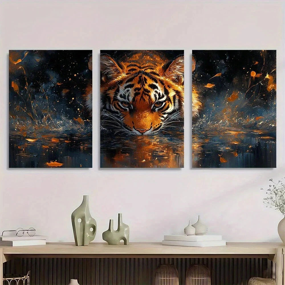 3pcs Tiger Reflection Animal Theme Metal Print Ready to Hang Art