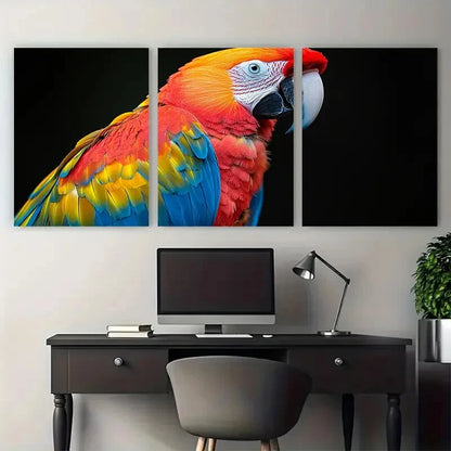 3pcs Scarlet Macaw Vibrant Rainbow Feathers Metal Print Ready to Hang Art