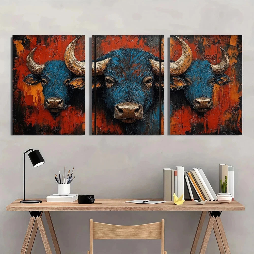 Three-panel artwork of a blue bull with orange and red background above a wooden desk.