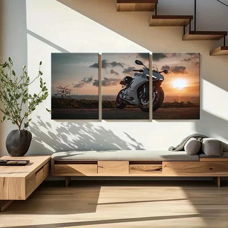 3pcs Motorcycle Racing Sunset Modern Wall Art Set Canvas Framed 40x60cm - High Quality Print 100% Australian Made Wall Canvas Ready to Hang