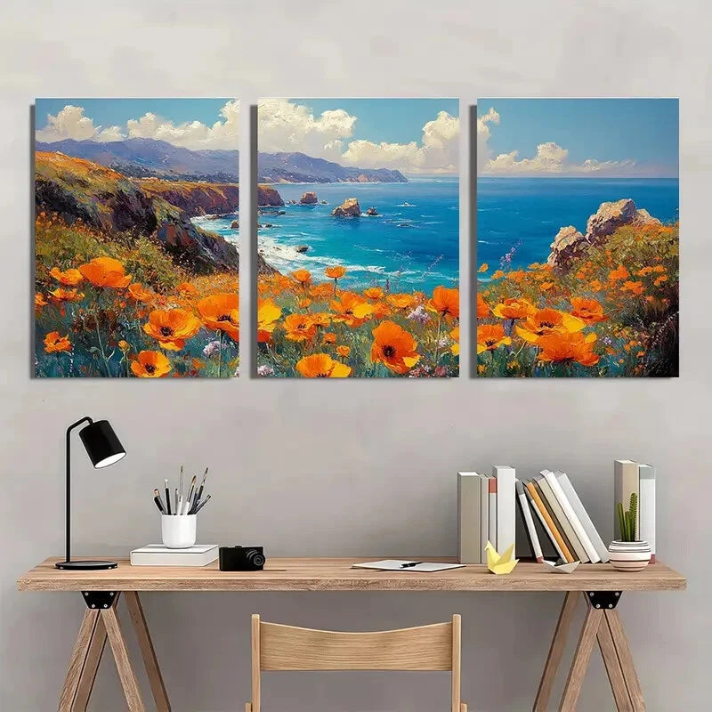 3pcs Big Sur Landscape with Vibrant Yellow Poppy Metal Print Ready to Hang Art
