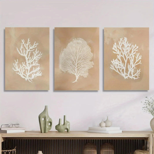 3pcs Beige Coral Seaweed Botanical Nautical Metal Print Ready to Hang Art