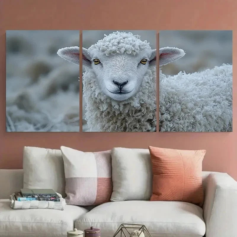 3pcs Fluffy Sheep Face Winter Wildlife Metal Print Ready to Hang Art