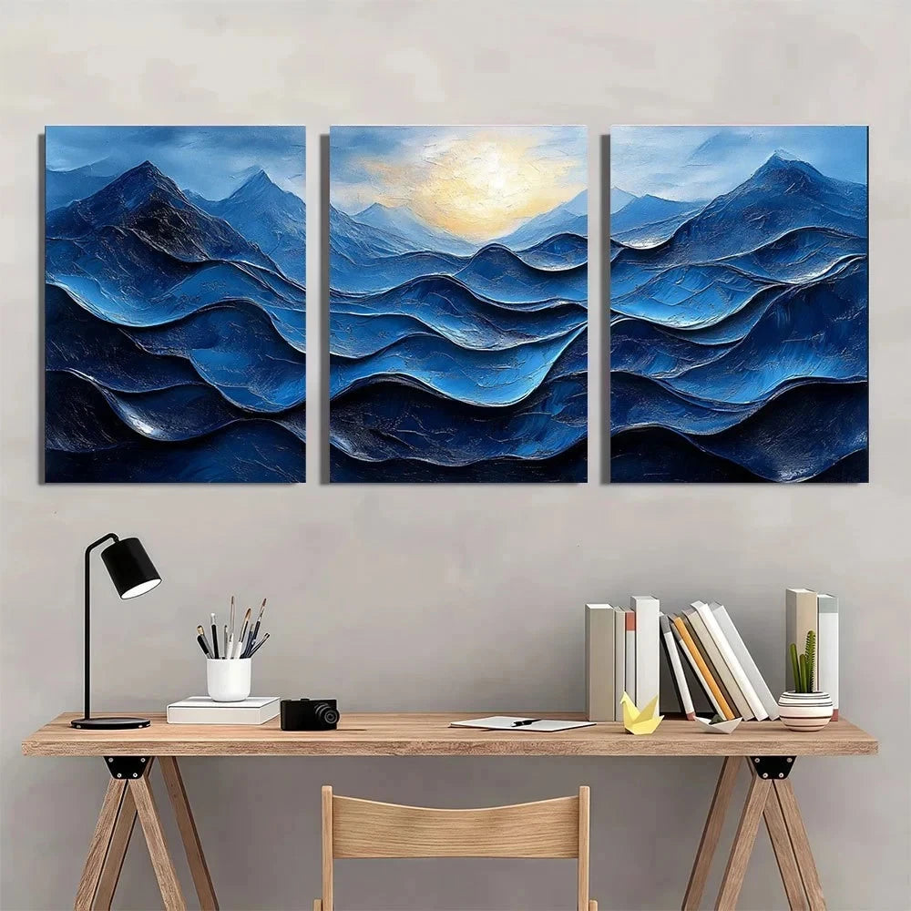 3pcs Blue Swirls Modern Abstract Painting Metal Print Ready to Hang Art