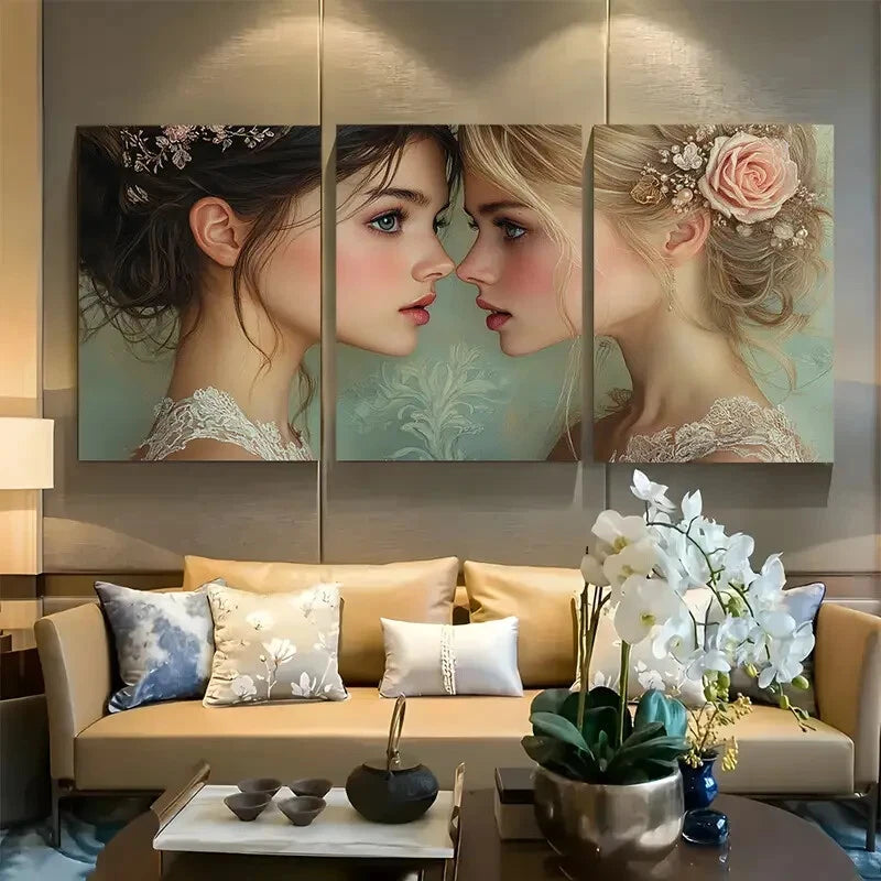 3pcs Victorian Elegance Two Women in Lace Embrace Metal Print Ready to Hang Art