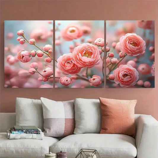 3pcs Pastel Pink Floral Spring Blooming Bouquet Metal Print Ready to Hang Art