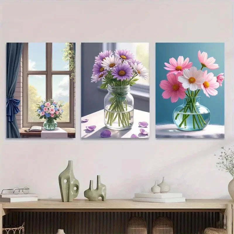 3pcs Floral Bouquet Vibrant Flowers in Vases Wall Art Set Canvas Framed 40x60cm - High Quality Print 100% Australian Made Wall Canvas Ready to Hang