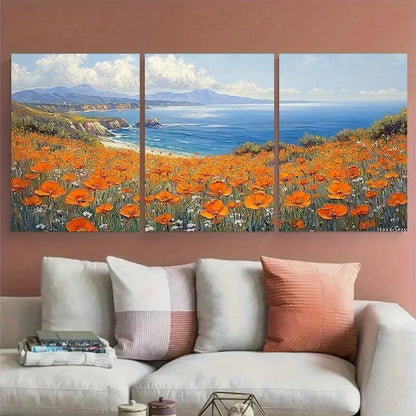 3pcs California Poppy Seascape Meadow Fields Metal Print Ready to Hang Art