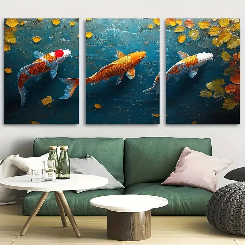 3pcs Serene Koi Fish Abstract Aquatic Design Metal Print Ready to Hang Art