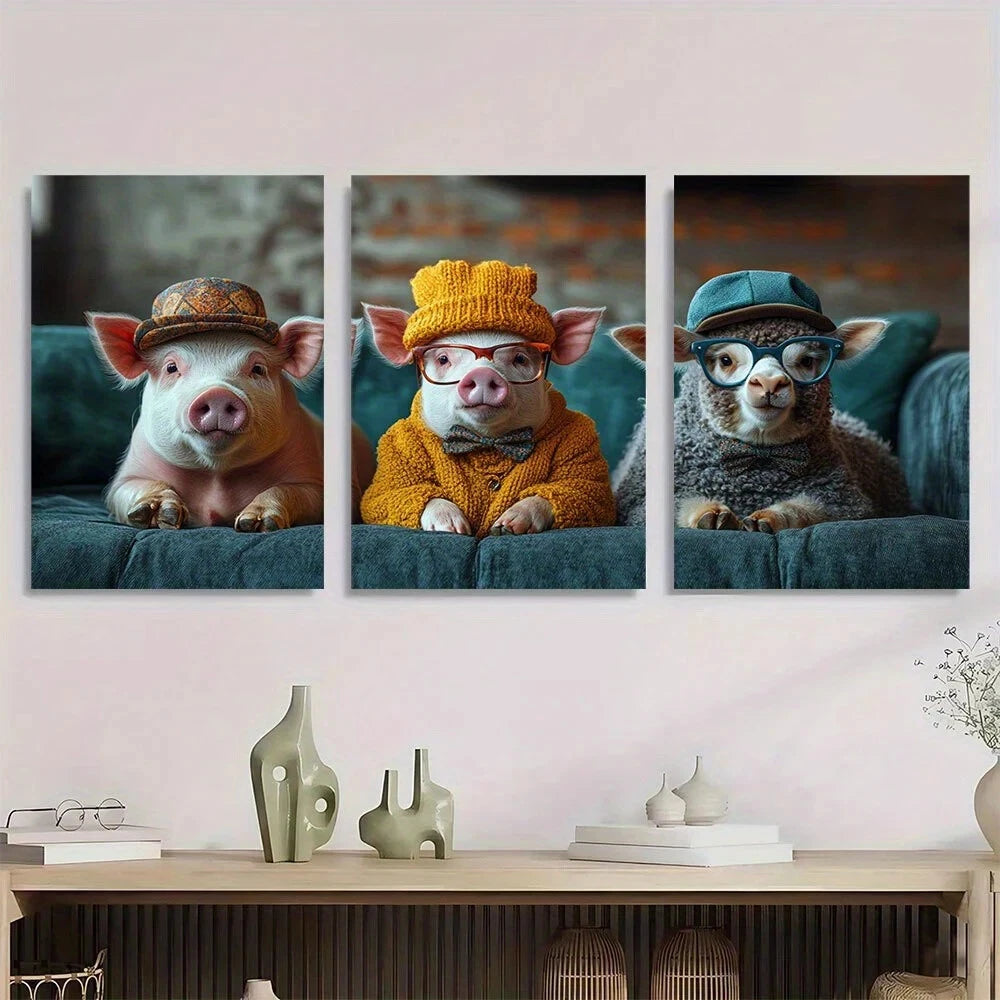 3pcs Farm Animal Funny Pig Glasses Bow Ties & Hats Metal Print Ready to Hang Art