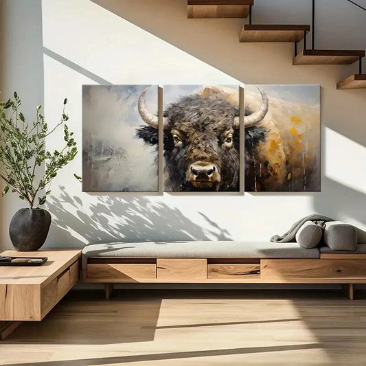 3pcs Abstract Buffalo Art Wildlife Painting Metal Print Ready to Hang Art