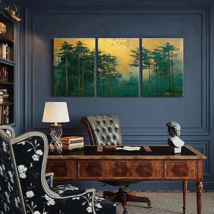 3pcs Abstract Forest Art Golden Sky Teal Trees Metal Print Ready to Hang Art