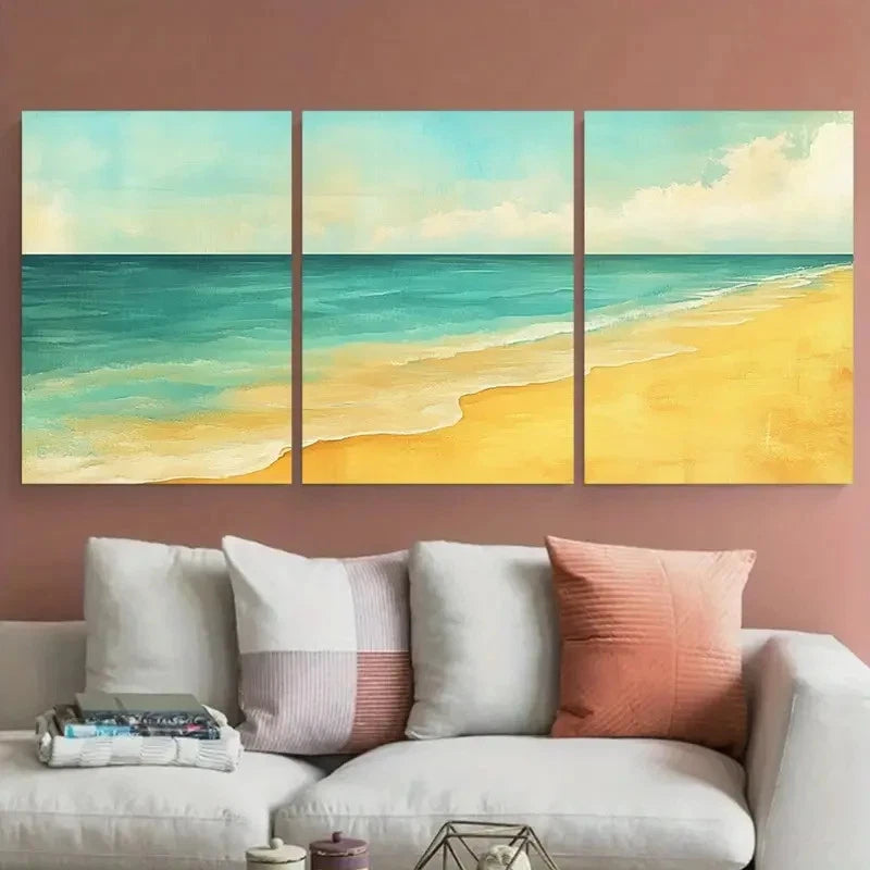 3pcs Muted Turquoise and Naples Yellow Beach Wall Art Set Canvas Framed 60x90cm - High Quality Print 100% Australian Made Wall Canvas Ready to Hang