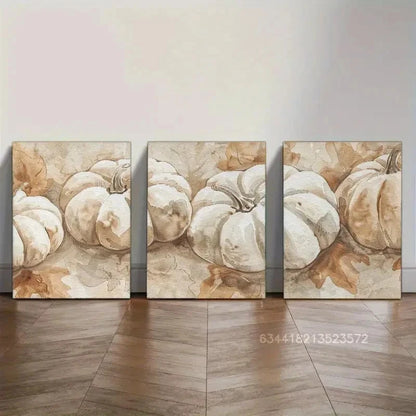 3pcs Pumpkin Wall Art in Beige Brown White Metal Print Ready to Hang Art