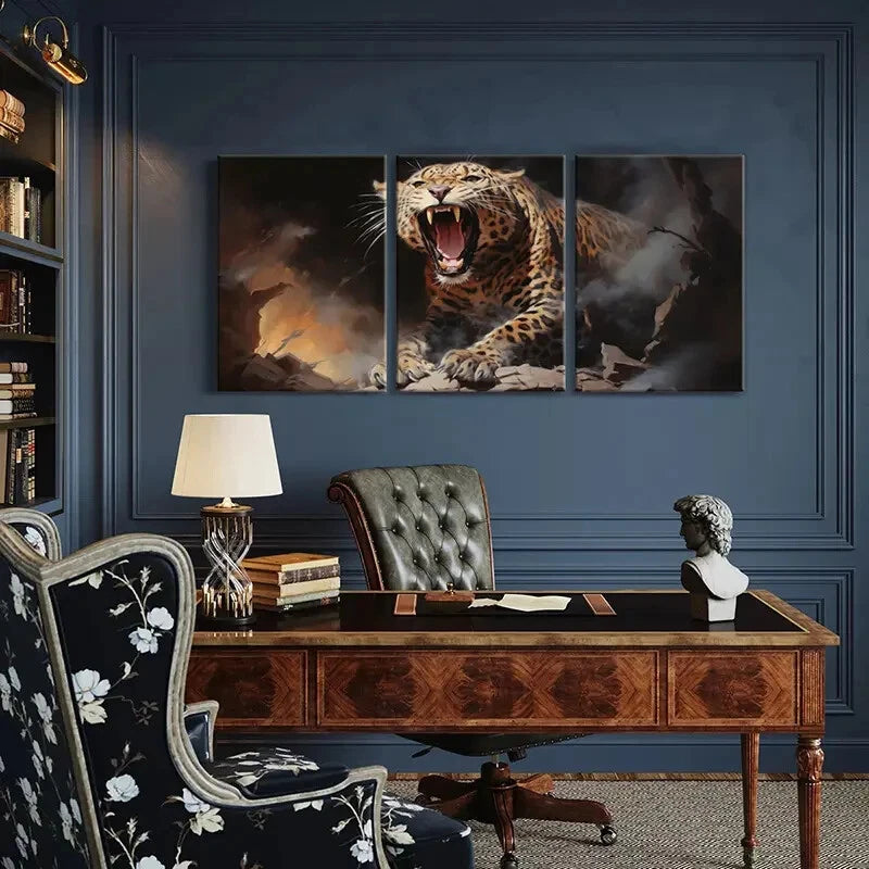 3pcs Raging Leopard Fiery Animal Art Metal Print Ready to Hang Art