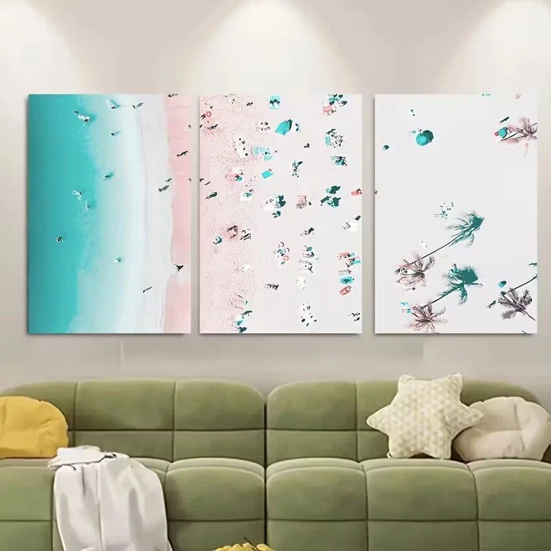 3pcs Serene Coastal Scenes with Pastel Pink & Blue Metal Print Ready to Hang Art