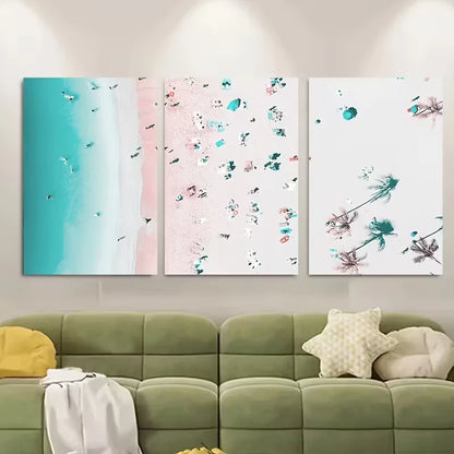 3pcs Serene Coastal Scenes with Pastel Pink & Blue Metal Print Ready to Hang Art