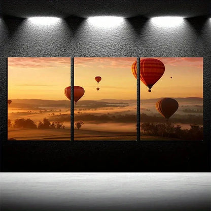 3pcs Vibrant Hot Air Balloon Sunset Scene Metal Print Ready to Hang Art