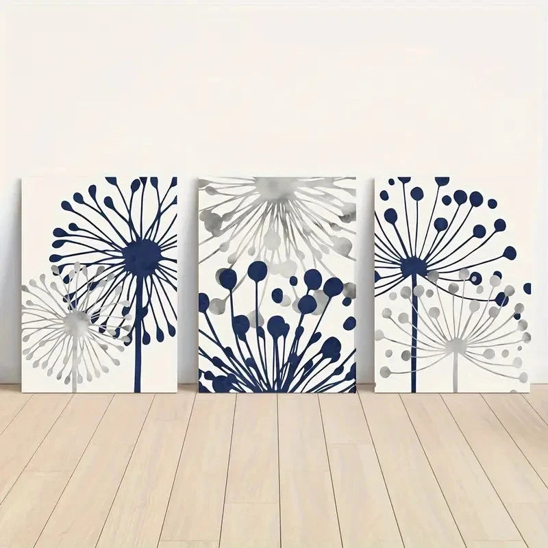 3pcs Navy Blue and Grey Abstract Floral Metal Print Ready to Hang Art