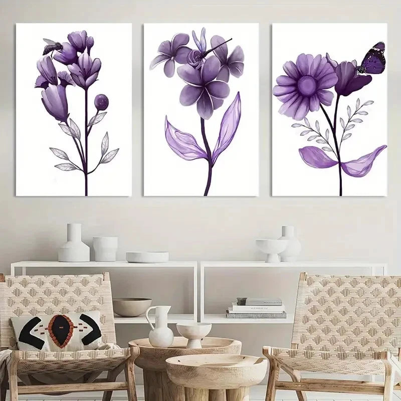 3pcs Transparent Floral with Butterfly Painting Metal Print Ready to Hang Art