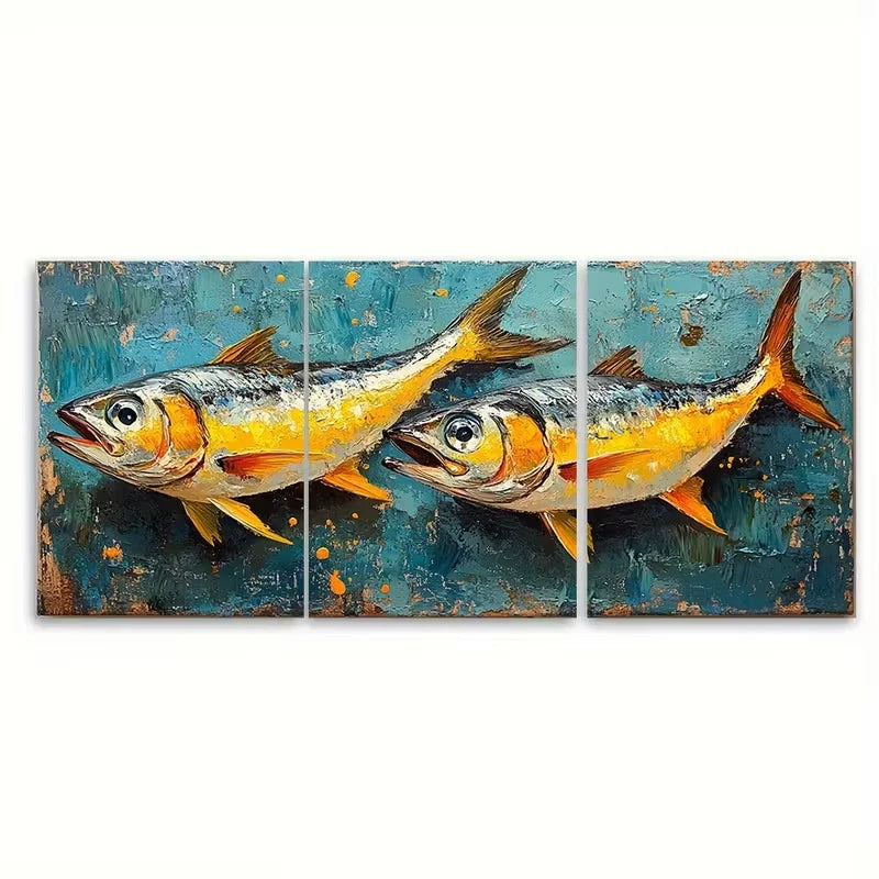 3pcs Sardine Fish Oil Painting Kitchen Metal Print Ready to Hang Art