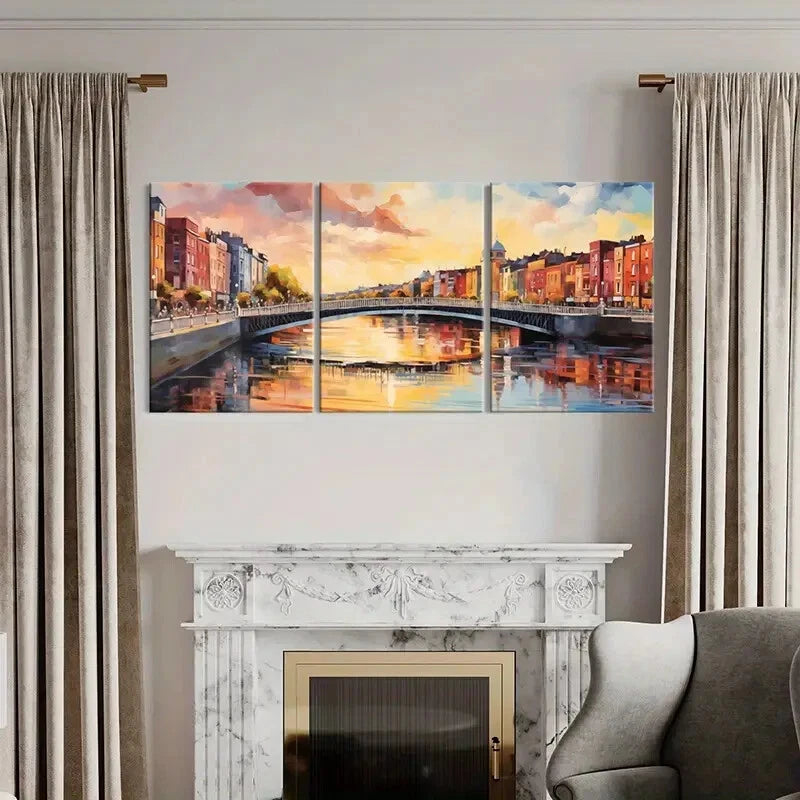 3pcs Abstract Vintage Cityscape Art Bridge Metal Print Ready to Hang Art