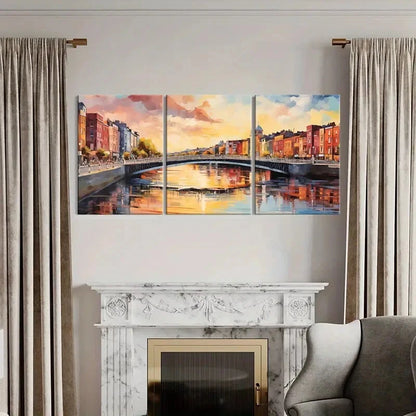 3pcs Abstract Vintage Cityscape Art Bridge Metal Print Ready to Hang Art