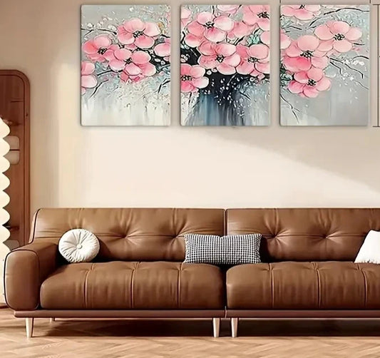 3pcs Pink Flowers & Gray Abstract Background Metal Print Ready to Hang Art