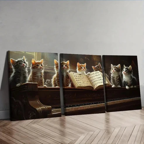 3pcs Featuring a Cat on a Piano Wall Art Set Canvas Unframed - High Quality Print 100% Australian Made Wall Canvas