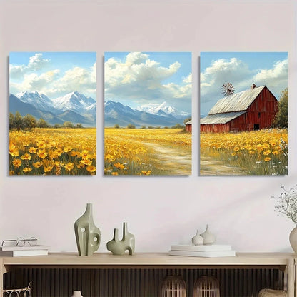 3pcs Rustic Barn Windmill Blue Sky White Clouds Metal Print Ready to Hang Art