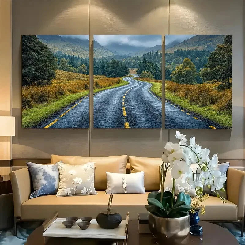 3pcs Scenic Valley Road, Dramatic Clouds Metal Print Ready to Hang Art