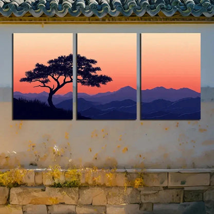3pcs Tree Under the Purple Sunset Metal Print Ready to Hang Art
