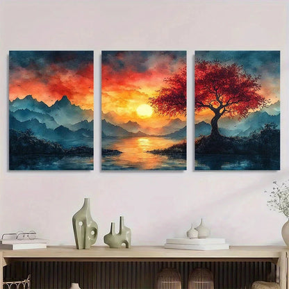 3pcs Beautiful Panoramic Sunset Watercolor Metal Print Ready to Hang Art