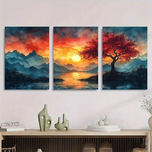 3pcs Beautiful Panoramic Sunset Watercolor Metal Print Ready to Hang Art