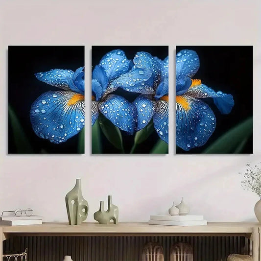 3pcs Purple Irises Green Leaves Dark Metal Print Ready to Hang Art