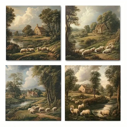 4pcs Sheep in the CountrysideWall Art Canvas Framed