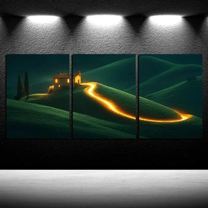 3pcs Landscape with Illuminated Path to Cottage Metal Print Ready to Hang Art