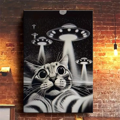 Whimsical Cat & UFO Adventure Oil Painting 60x90cm Metal Print Ready to Hang