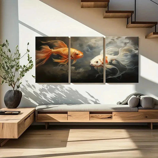 3pcs Golden Fish White Fish Smoke Effect Metal Print Ready to Hang Art