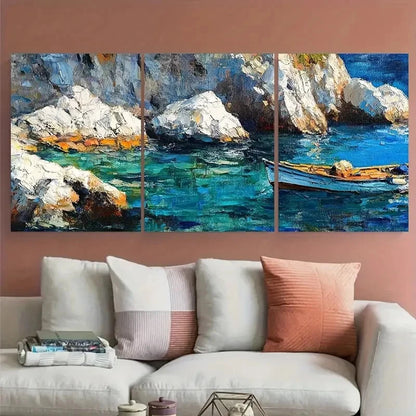 3pcs Mediterranean Seascape Coastal Boat Ocean Metal Print Ready to Hang Art