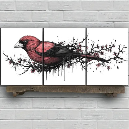 3pcs Red Birds on Plum Blossom Branches Metal Print Ready to Hang Art