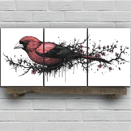 3pcs Red Birds on Plum Blossom Branches Metal Print Ready to Hang Art