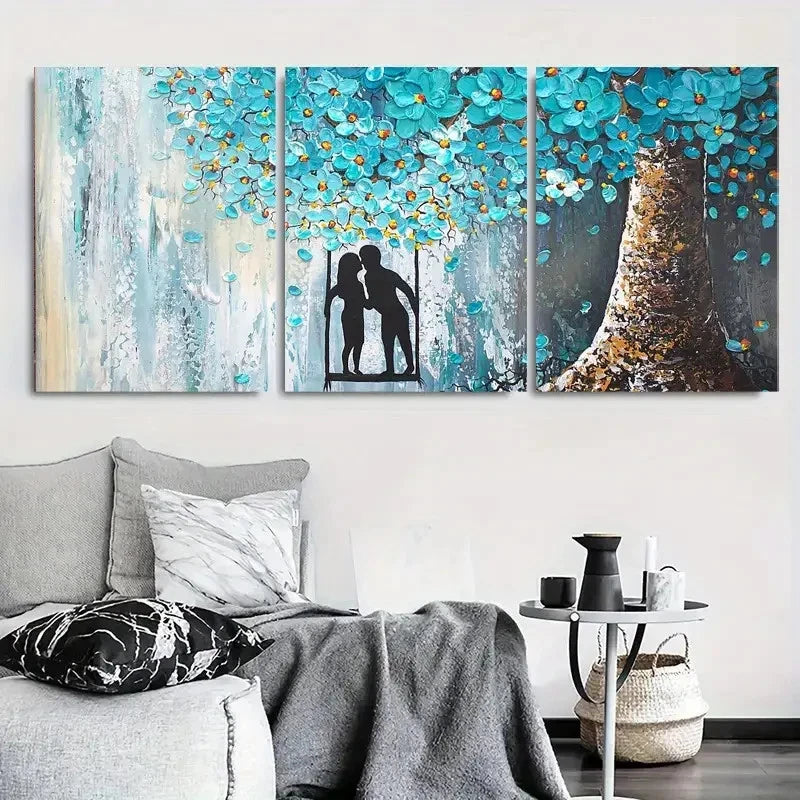 3pcs Romantic Couple on Swing Blue Blossom Metal Print Ready to Hang Art