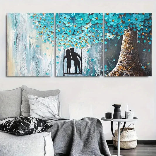 3pcs Romantic Couple on Swing Blue Blossom Metal Print Ready to Hang Art