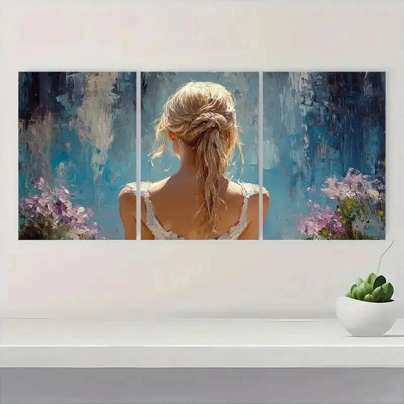 3pcs Elegant Blonde Ballerina in Blue & Pink Metal Print Ready to Hang Art