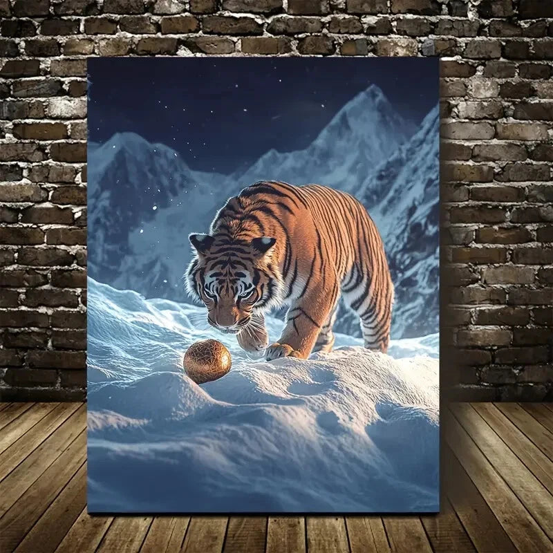 Dreamlike Tiger Playing with Ball On Snowy Painting 40x60cm Metal Print Ready to Hang
